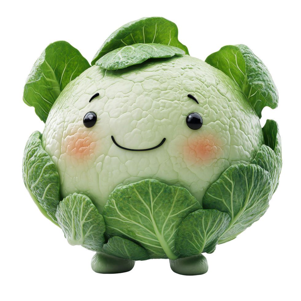 Cute cartoon character designed as a smiling cabbage with green leaves, creating an engaging kitchen decor idea isolated on transparent background. png