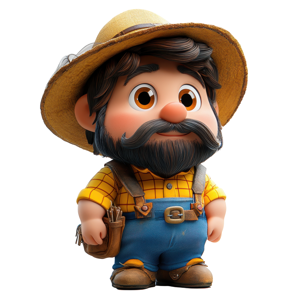 Charming animated character in a yellow checkered shirt and hat holding gardening tools outdoors isolated on transparent background. png