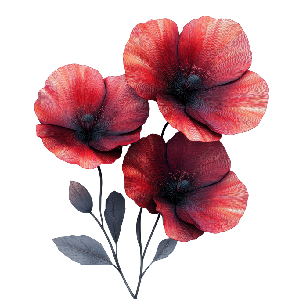 Vibrant red poppies with detailed petals and leaves arranged elegantly against a plain background isolated on transparent background. png