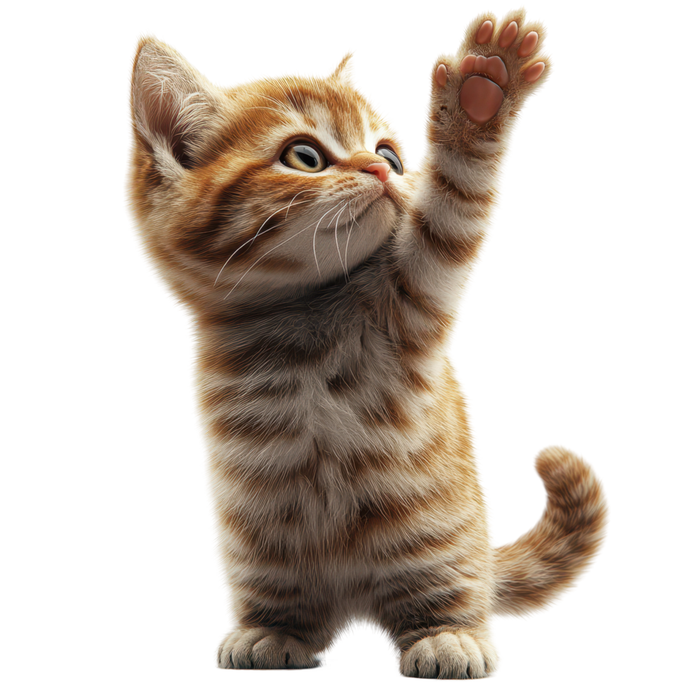 Cute orange tabby kitten playfully reaching out with paw in bright light against a simple background isolated on transparent background. png