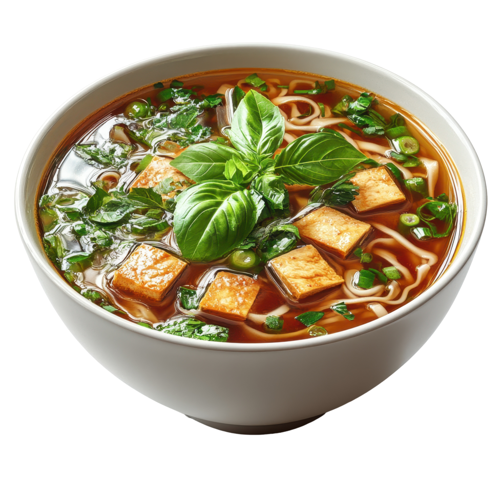 Delicious bowl of vegetable noodle soup with tofu and fresh basil garnished on top isolated on transparent background. png