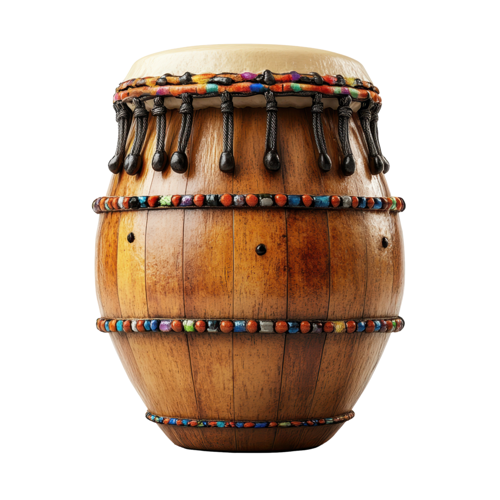 Traditional hand-crafted wooden drum showcasing vibrant beads and intricate design isolated on transparent background. png