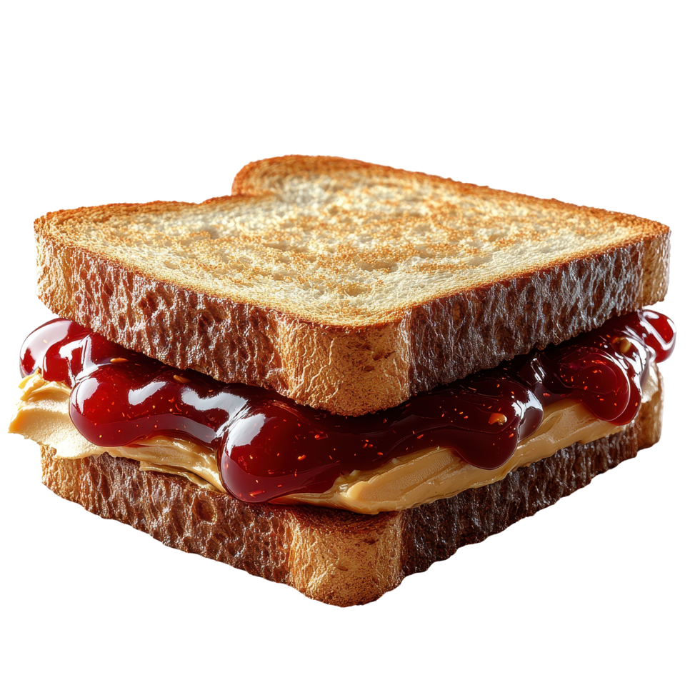 Classic peanut butter and jelly sandwich on toasted bread served on a clean surface isolated on transparent background. png