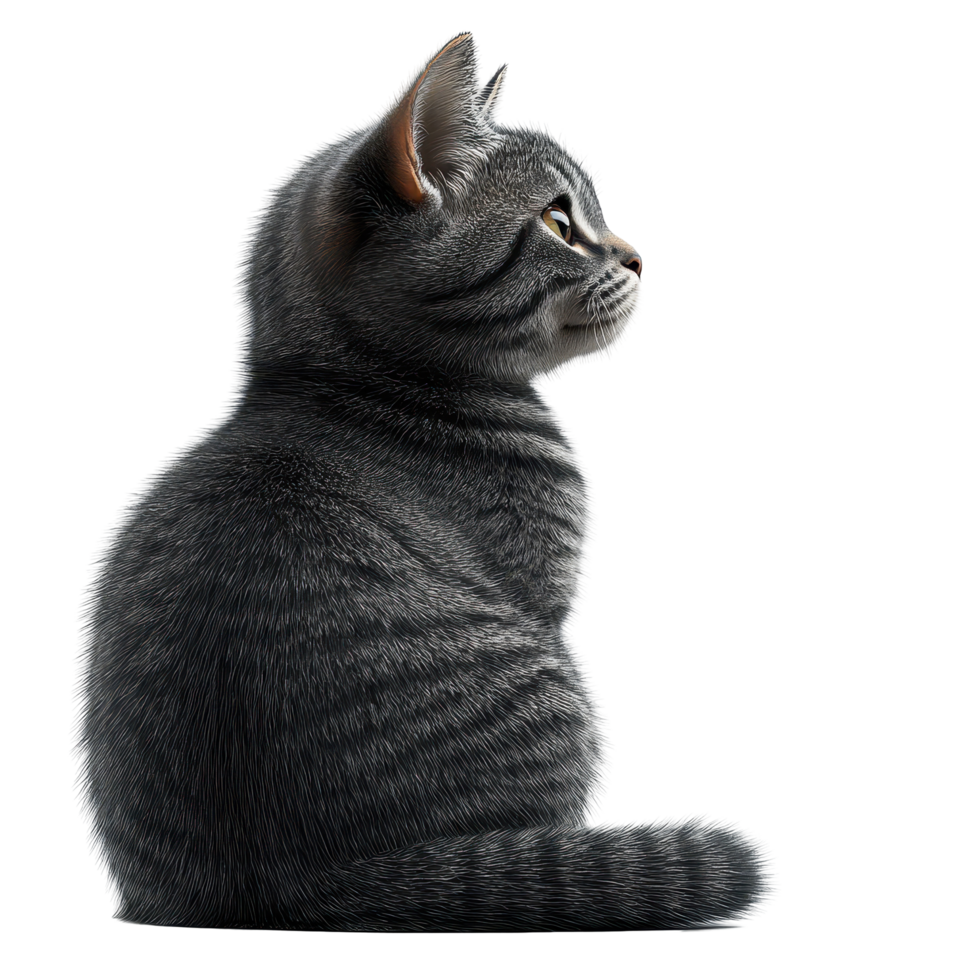 Grey tabby cat sitting side profile against a plain white background in calm and relaxed posture isolated on transparent background. png