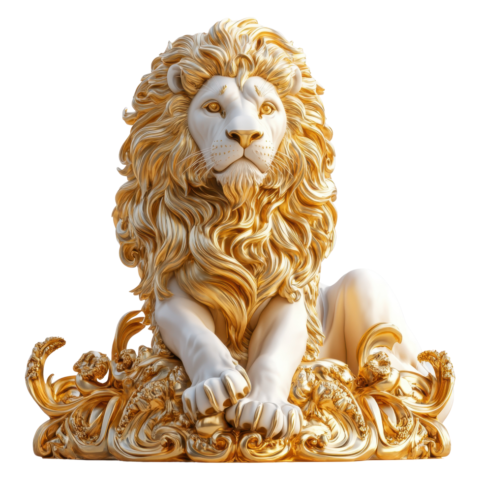 Majestic lion sculpture in ornate gold detailing showcasing craftsmanship and artistic elegance isolated on transparent background. png