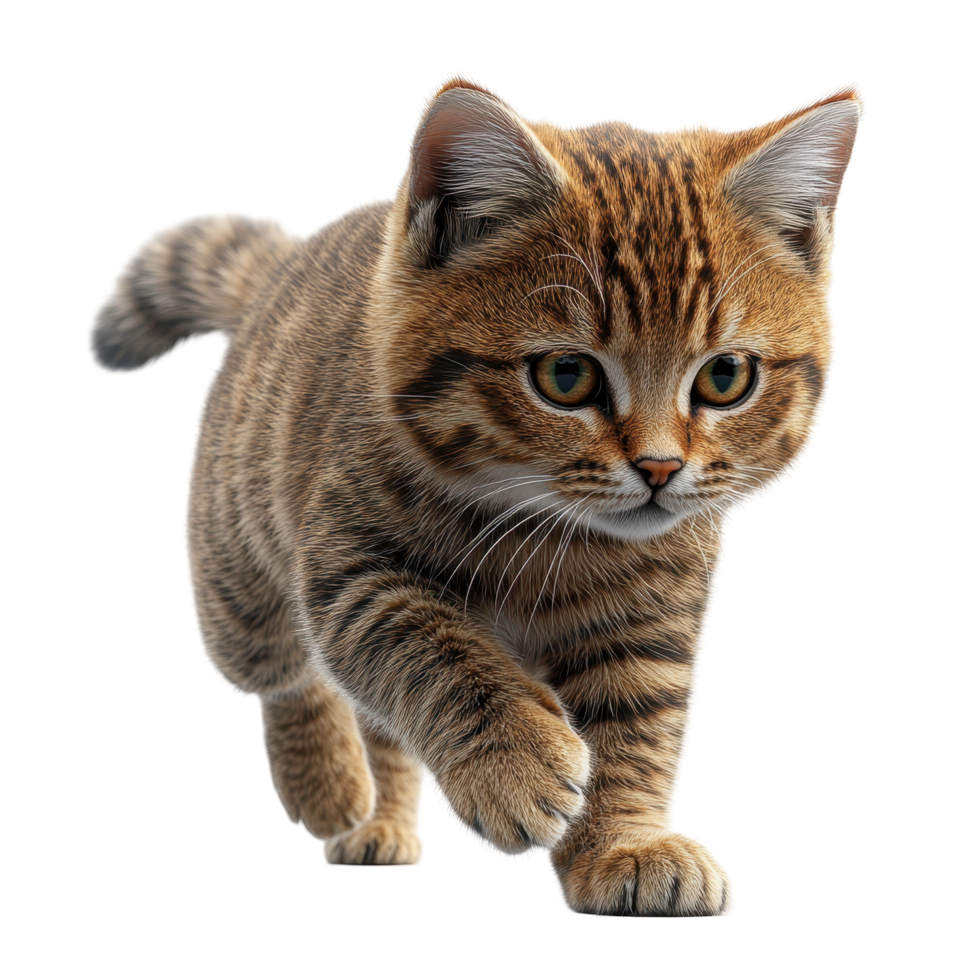 Striped kitten exploring the environment with curiosity and playfulness isolated on transparent background. png