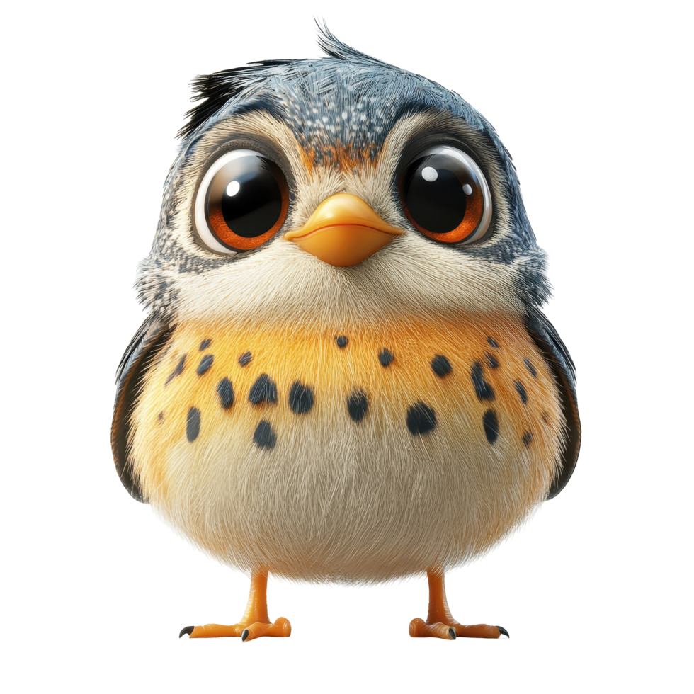 Cute cartoon bird character with big eyes and fluffy feathers stands upright on a plain background isolated on transparent background. png