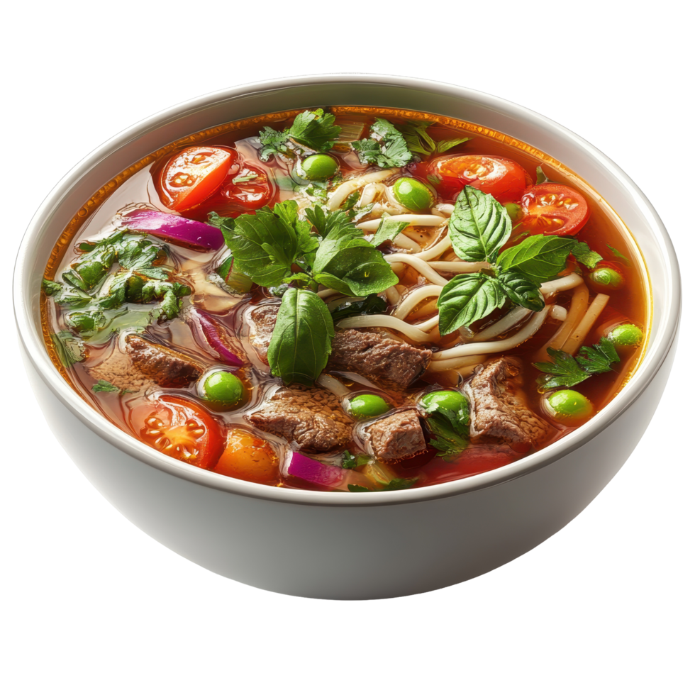 Delicious bowl of noodle soup filled with tender beef, fresh vegetables, and aromatic herbs served in a cozy kitchen isolated on transparent background. png