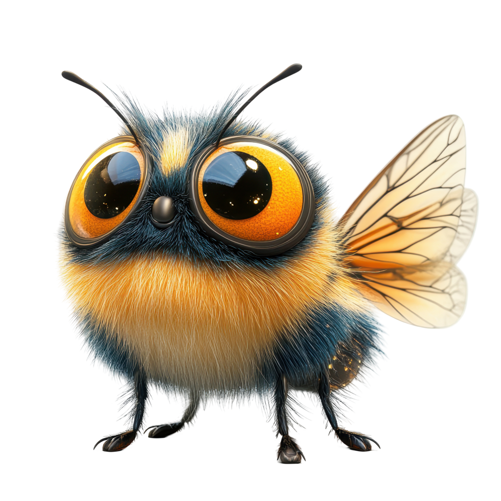 Cute fluffy bee with oversized eyes and vibrant colors standing on a white background isolated on transparent background. png