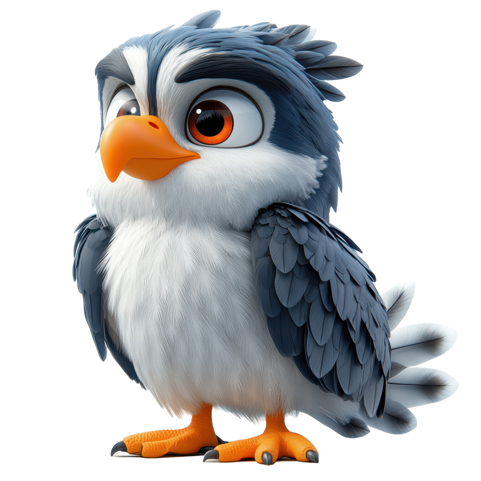 Cute cartoon bird with large eyes and fluffy feathers stands proudly in a playful pose against a white background isolated on transparent background. png