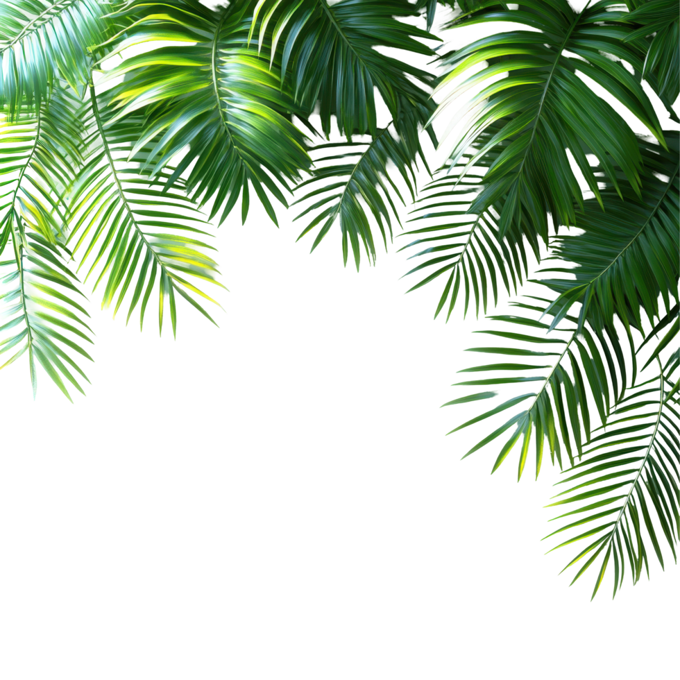 Lush green palm leaves create a tropical border against a bright white background in a natural setting isolated on transparent background. png