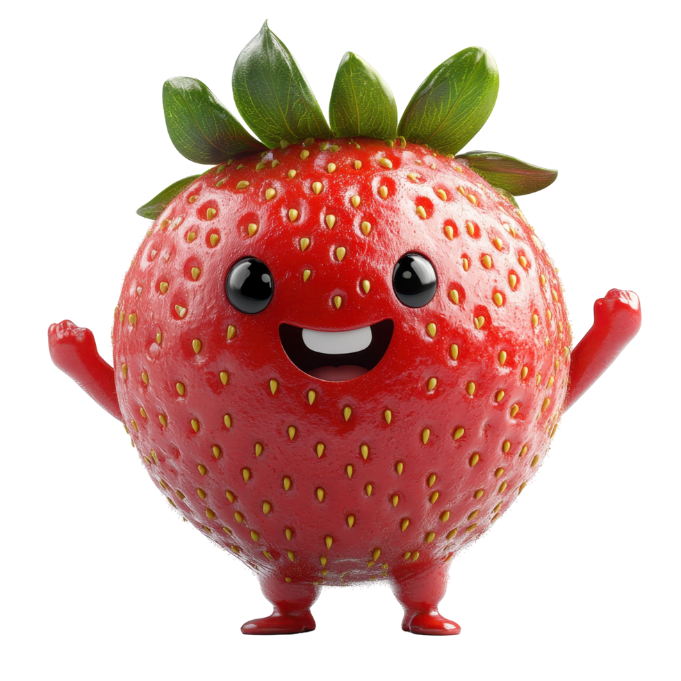 Smiling cartoon strawberry character with arms raised, celebrating a joyful moment in a colorful illustration isolated on transparent background. png