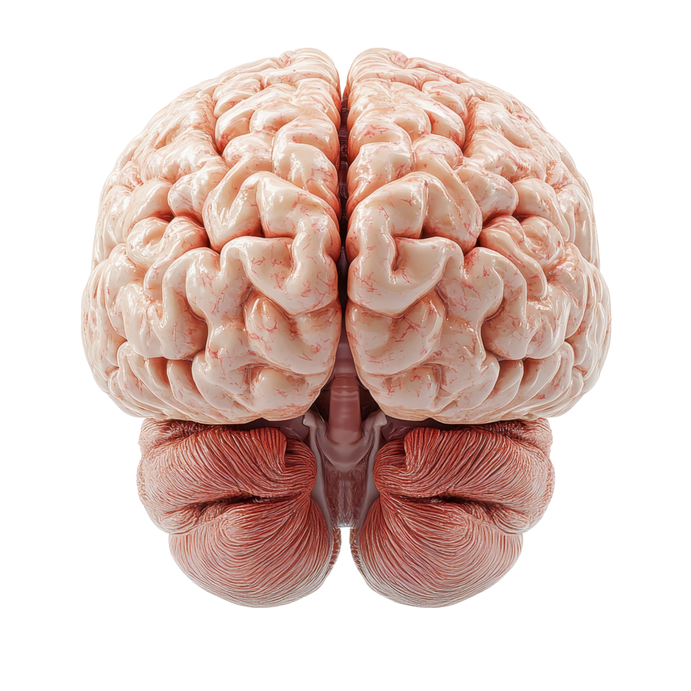 Detailed view of a human brain with distinct anatomical features and structure observed from a central perspective isolated on transparent background. png