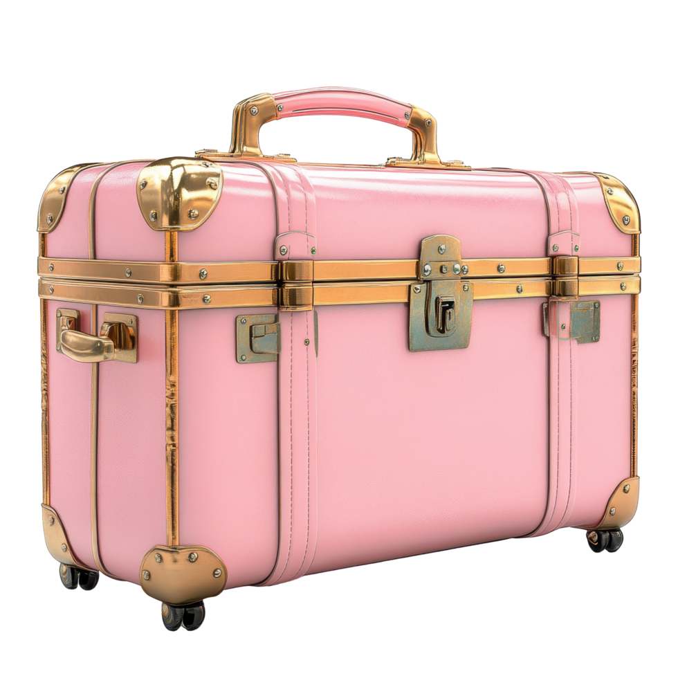 Stylish pink suitcase with golden accents ready for travel adventure isolated on transparent background. png