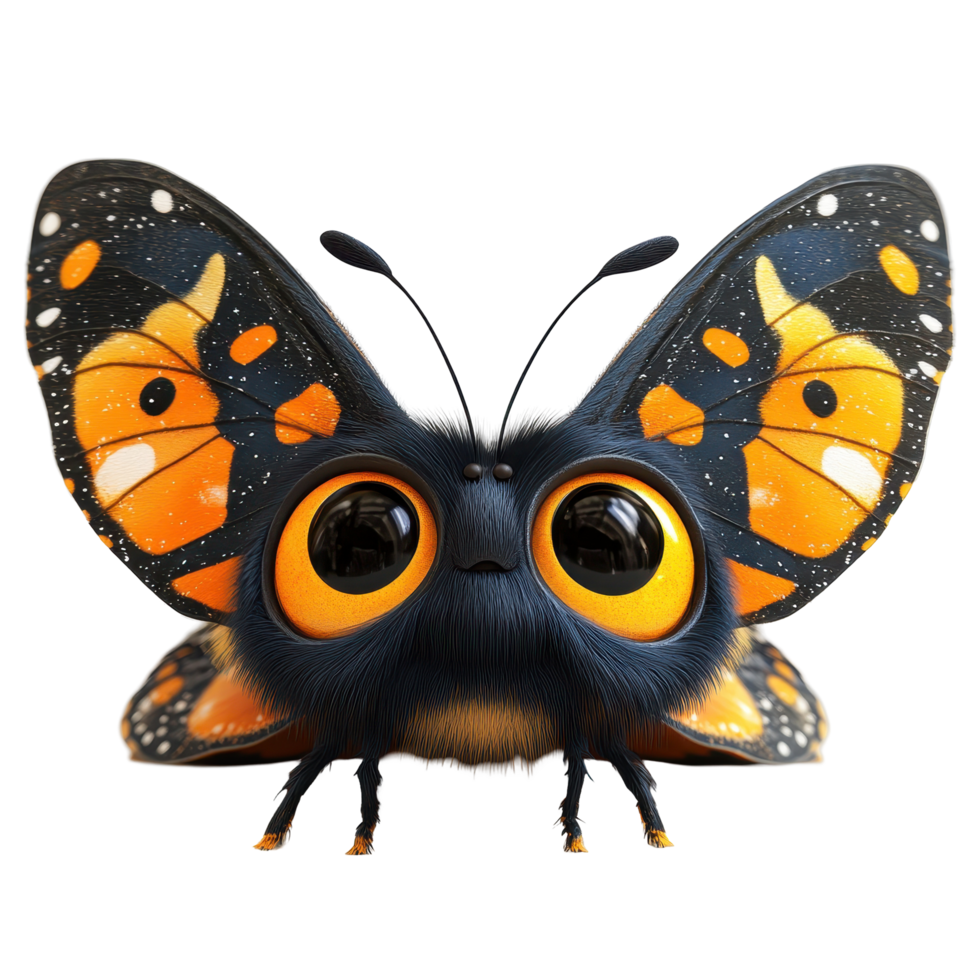 Colorful butterfly with large expressive eyes perched on a leaf surrounded by vibrant green foliage in a natural setting isolated on transparent background. png