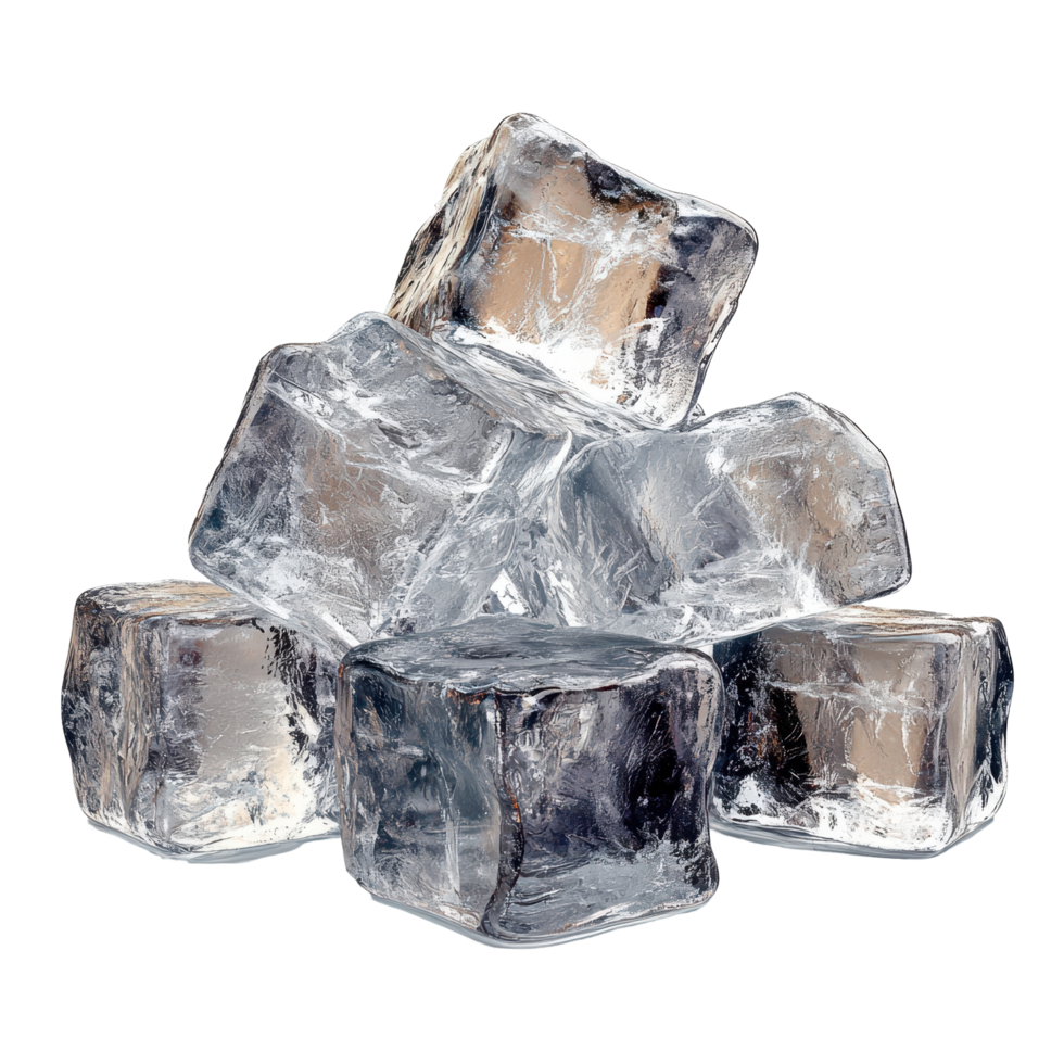 Clear ice cubes stacked in an artistic arrangement, showcasing their translucent beauty and pristine quality isolated on transparent background. png