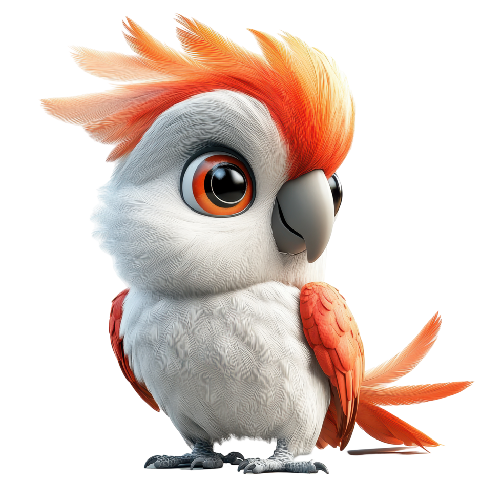 Colorful animated parrot character with vibrant feathers in a whimsical pose isolated on transparent background. png