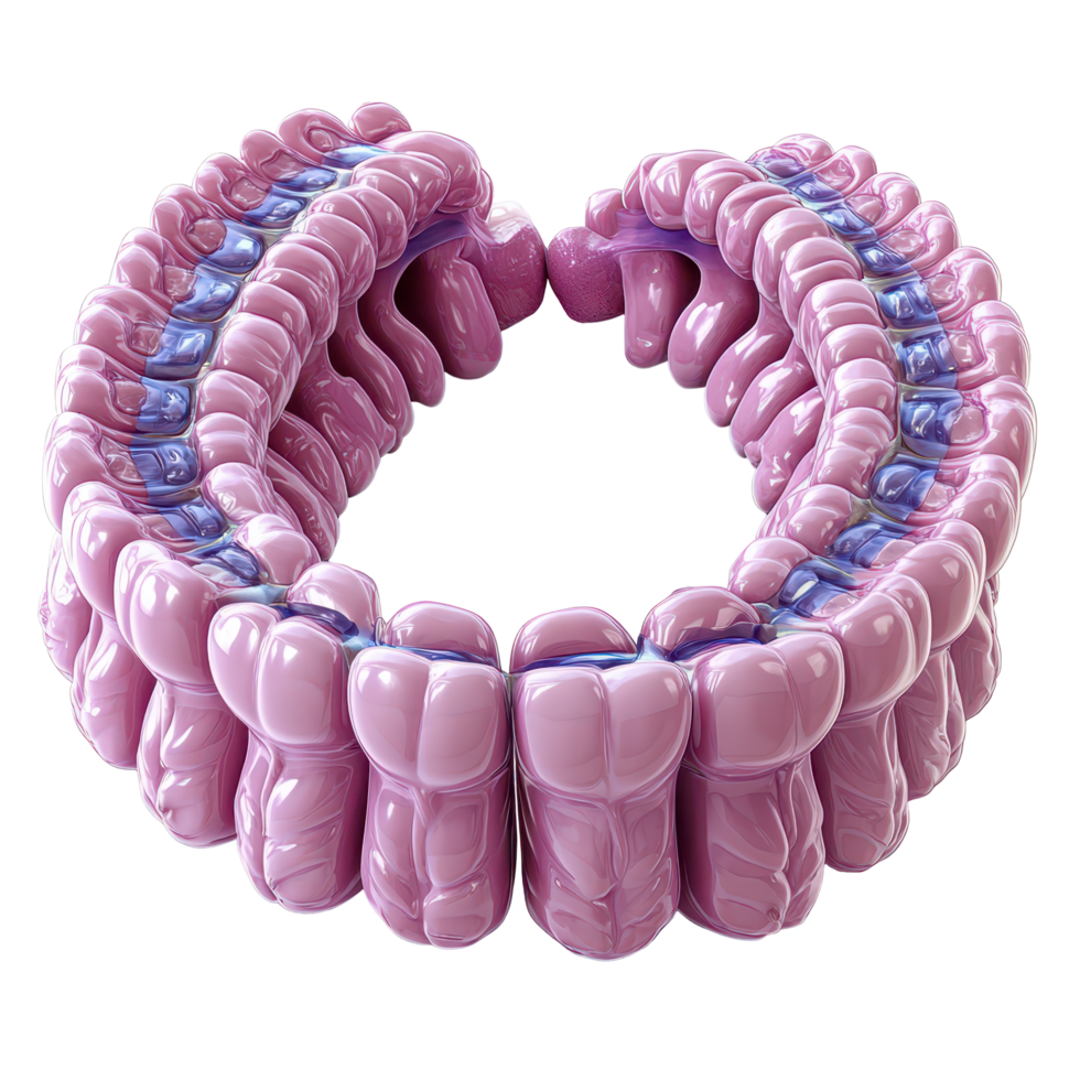 Detailed model of the human intestines showing structure and function in a scientific educational setting isolated on transparent background. png