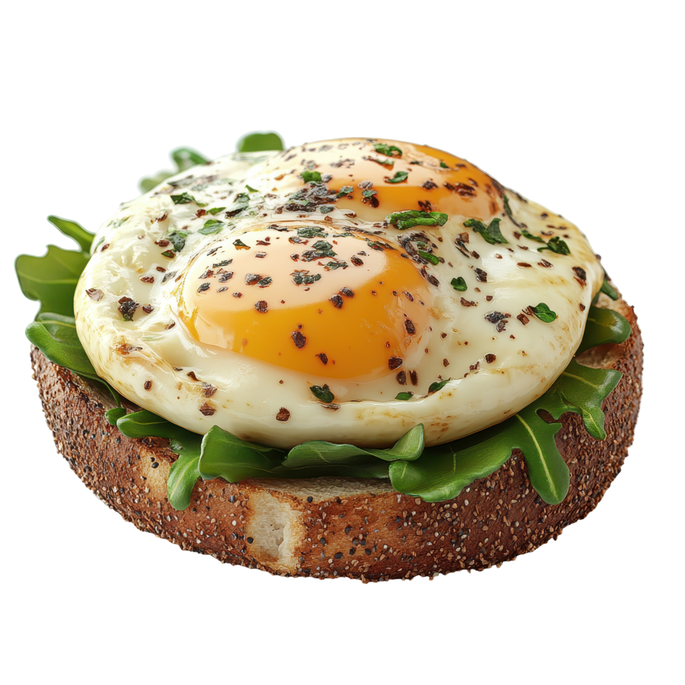Freshly cooked eggs on whole grain bread with arugula and herbs served for breakfast isolated on transparent background. png