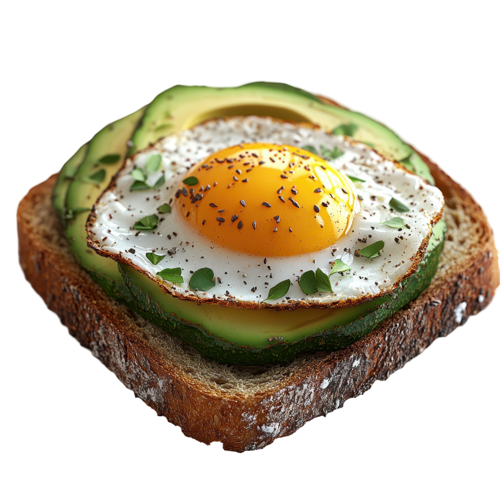 Delicious egg on avocado toast garnished with herbs and spices served on whole grain bread isolated on transparent background. png