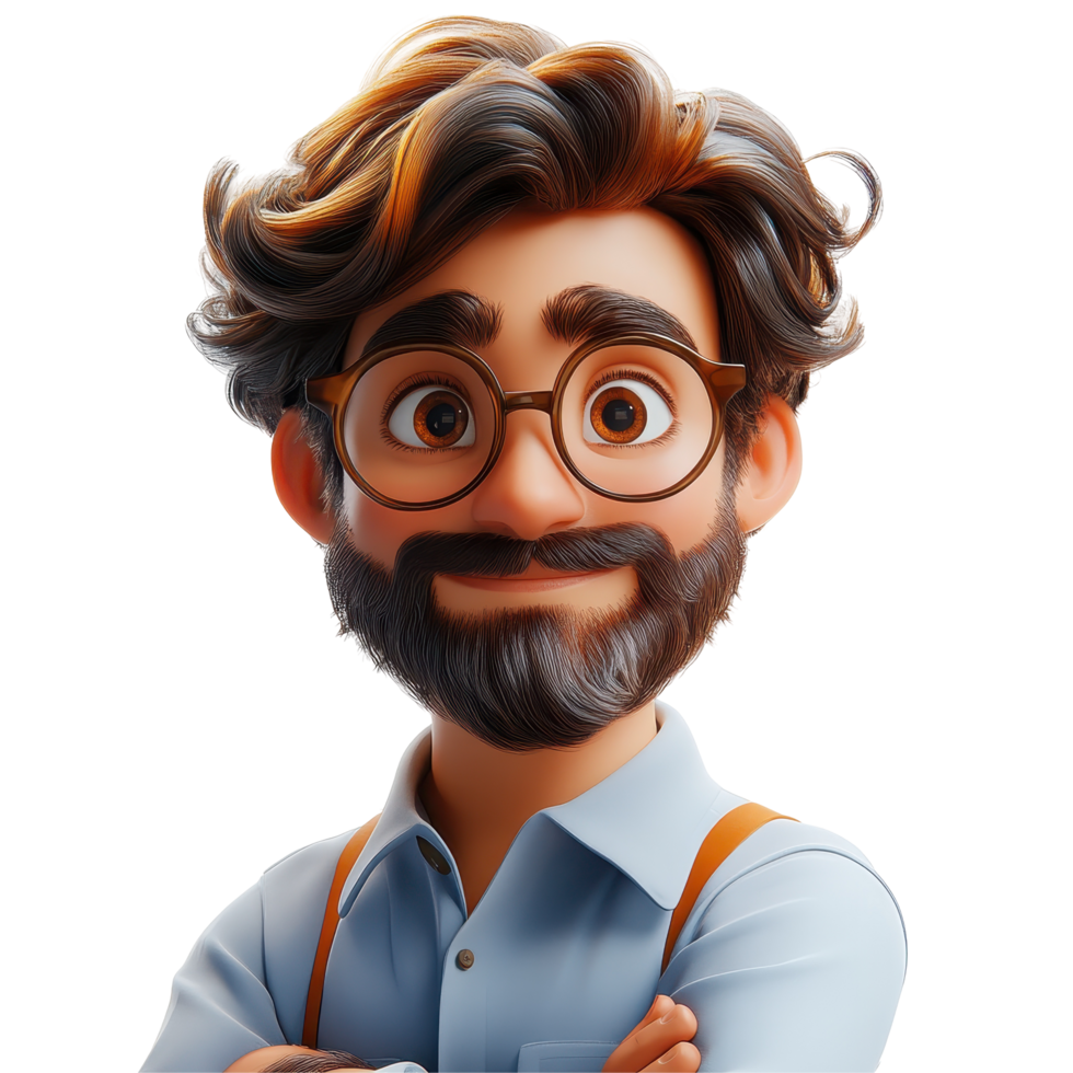 Creative character with curly hair and glasses in casual attire expressing confidence and friendliness isolated on transparent background. png