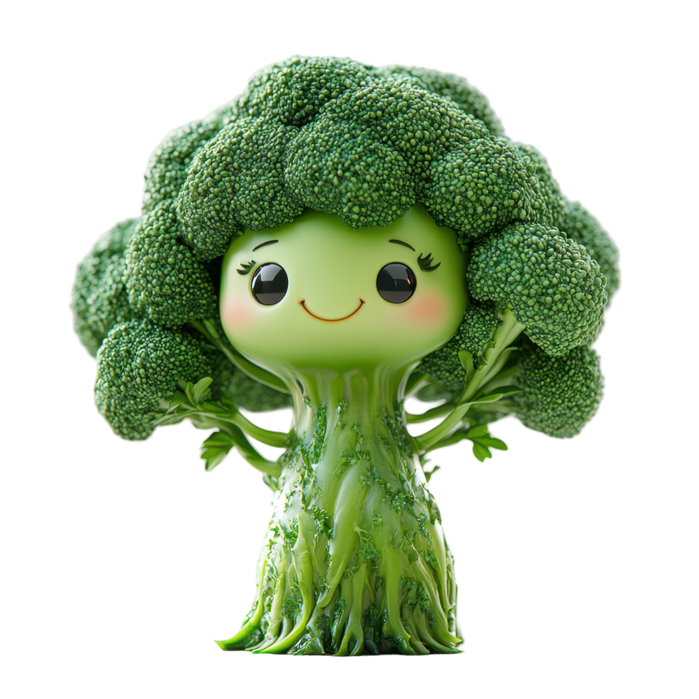 Cute broccoli character with a smiling face and green tree-like body, designed for children's engagement and fun isolated on transparent background. png