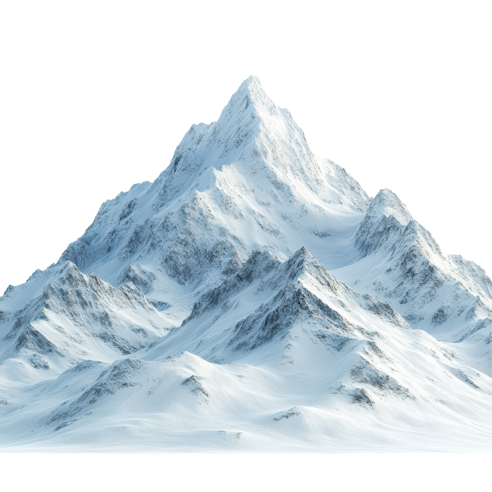 Majestic snow-covered mountain range reaching towards the blue sky in a serene winter landscape isolated on transparent background. png