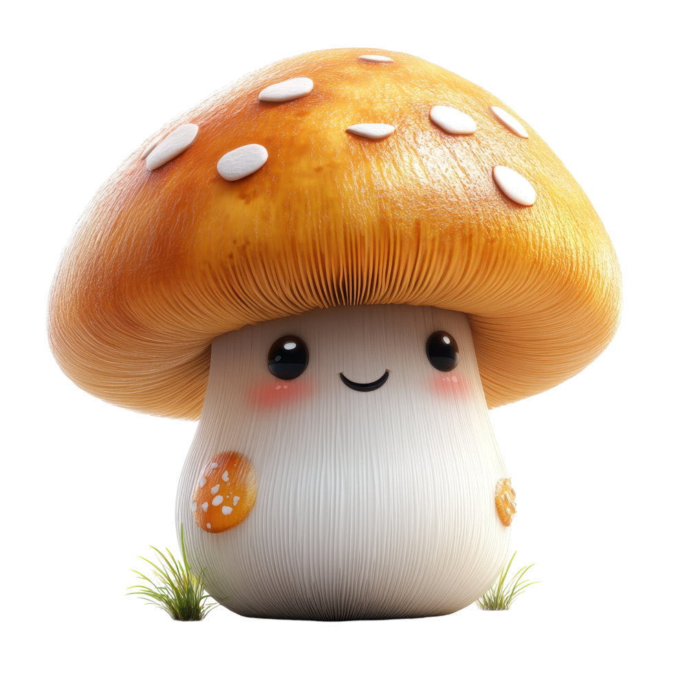Cute cartoon mushroom with a smiling face standing in a grassy area, showcasing joyful expression and vibrant colors isolated on transparent background. png