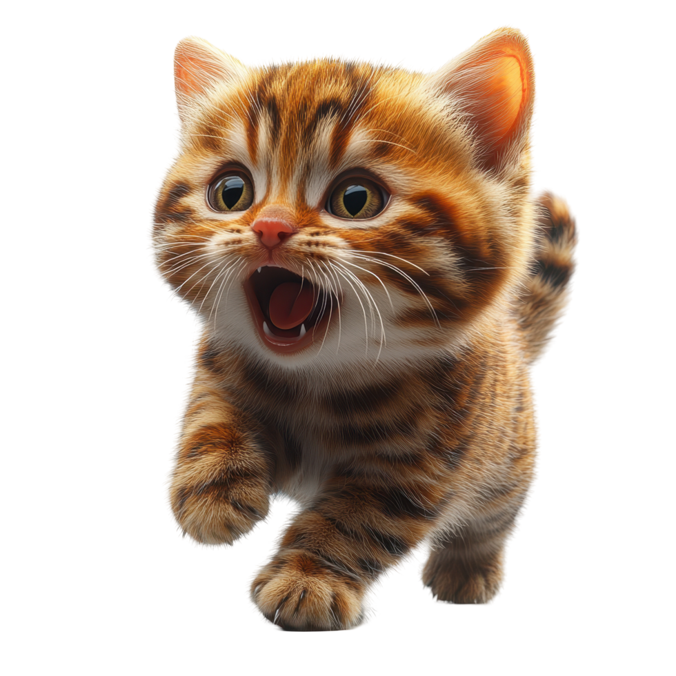 Cute playful kitten running joyfully in a bright, cheerful environment during the day, expressing excitement and curiosity isolated on transparent background. png