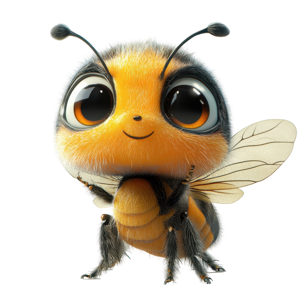 Cute animated bee character smiling with big eyes and fluffy body in a bright, cheerful design isolated on transparent background. png