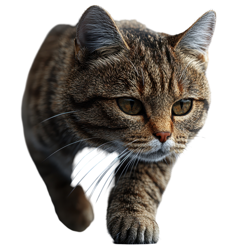 Striped cat walking gracefully in a bright indoor setting during the afternoon light isolated on transparent background. png