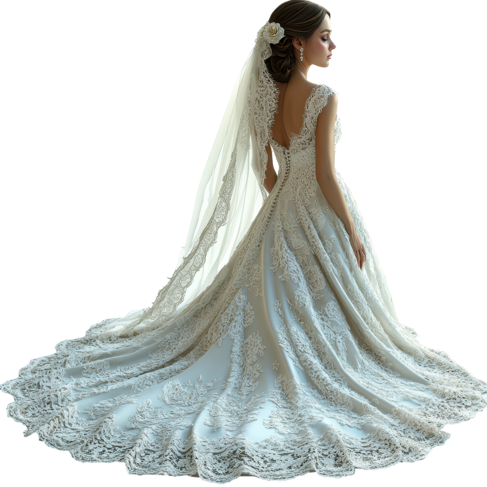 Elegant bride wearing a detailed lace wedding gown with a flowing train in a serene indoor setting near a large window isolated on transparent background. png