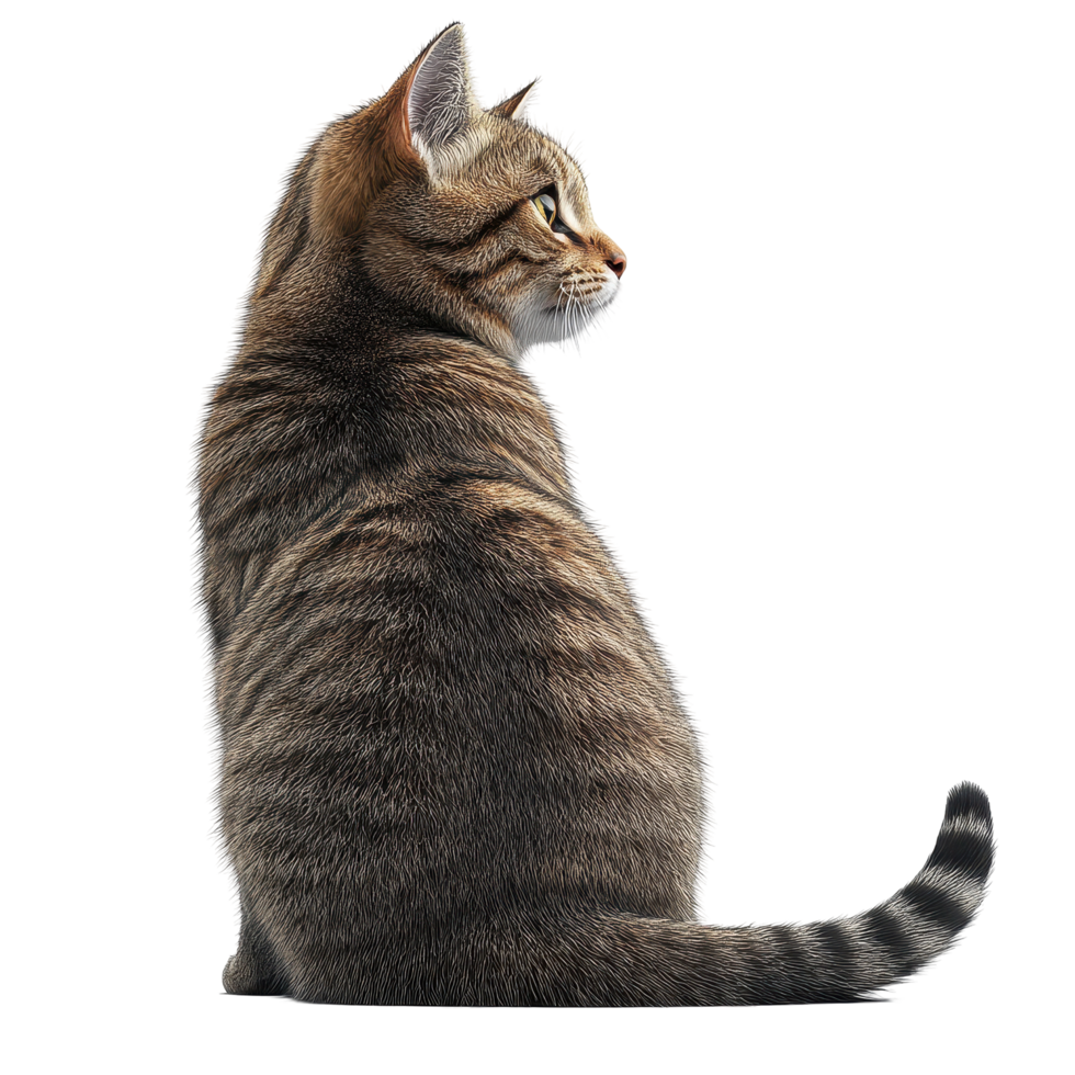 Cat sitting gracefully with a focus on its striking fur pattern and attentive posture in a calm indoor setting isolated on transparent background. png