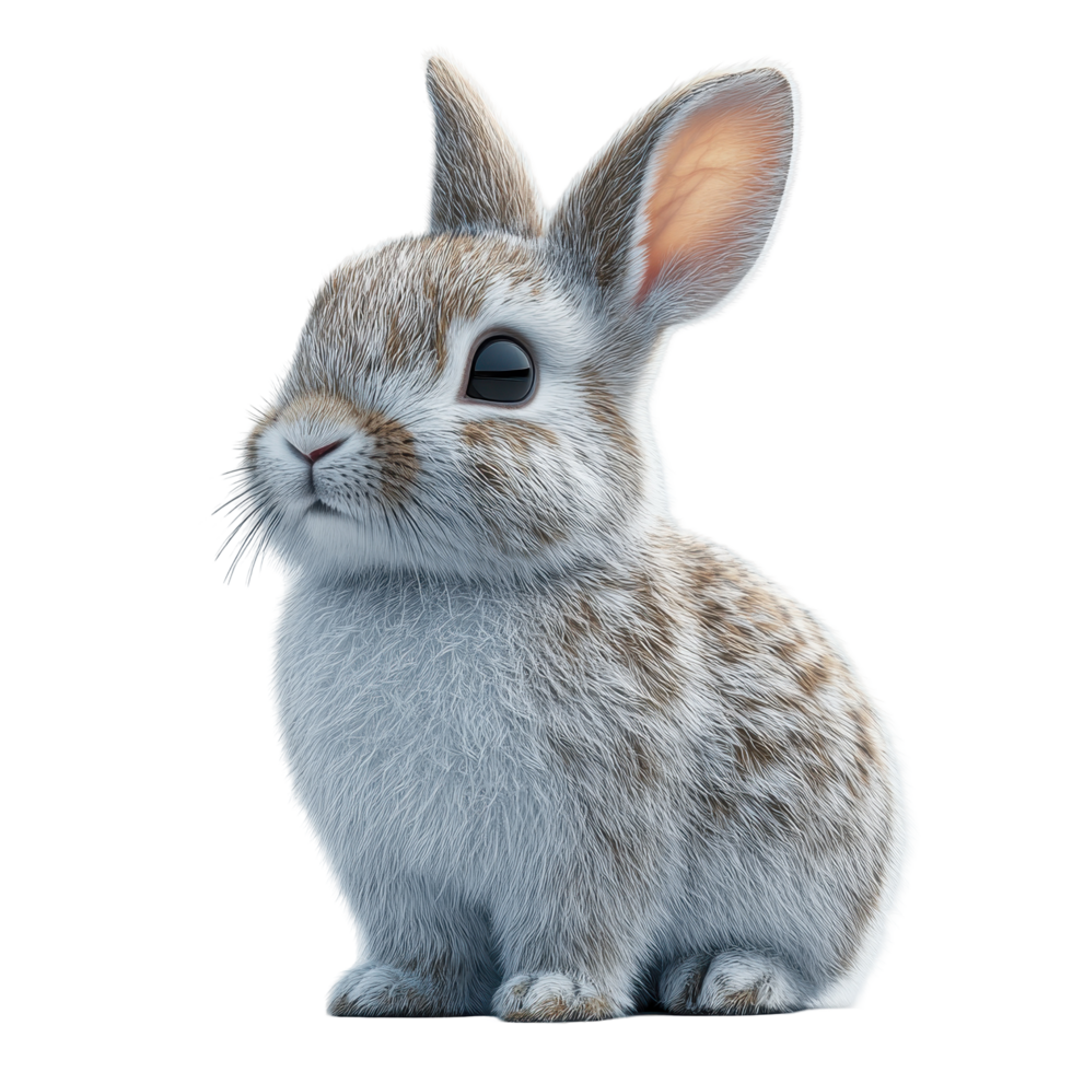 Cute fluffy rabbit with grey and white fur sitting calmly in a bright environment isolated on transparent background. png