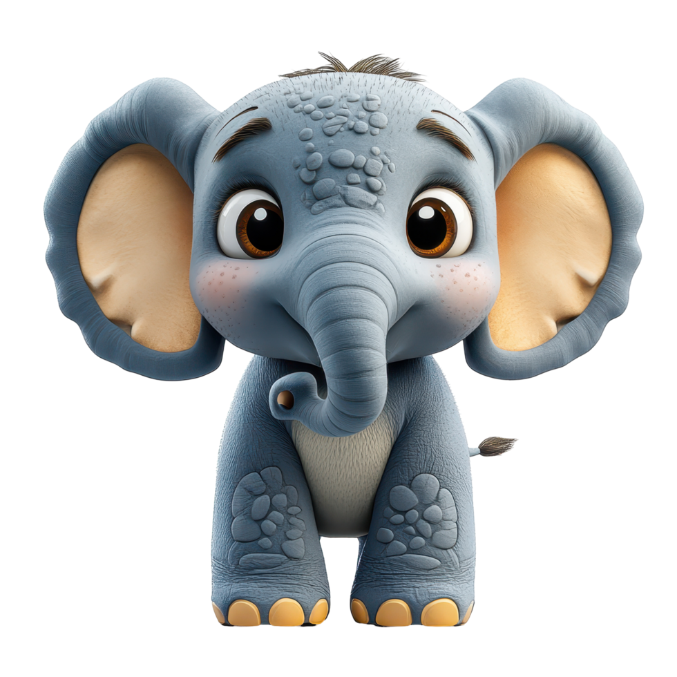 Cute cartoon elephant character with big eyes and smiling expression, showcasing playful demeanor and friendly features isolated on transparent background. png