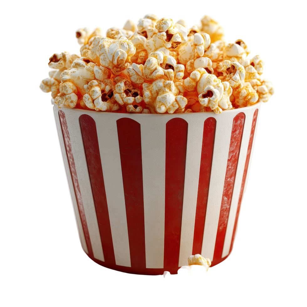 Delicious popcorn in a classic striped bucket perfect for movie nights and gatherings isolated on transparent background. png