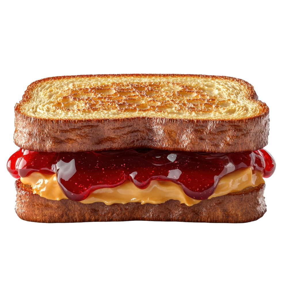 Deliciously toasted sandwich filled with creamy peanut butter and sweet jelly ready to enjoy as a quick snack isolated on transparent background. png