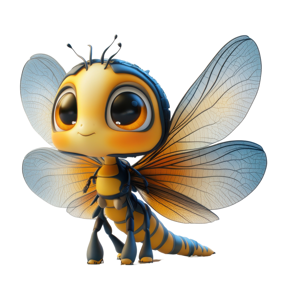Cute cartoon insect with large eyes and colorful wings posed playfully in a bright setting creating a whimsical atmosphere isolated on transparent background. png