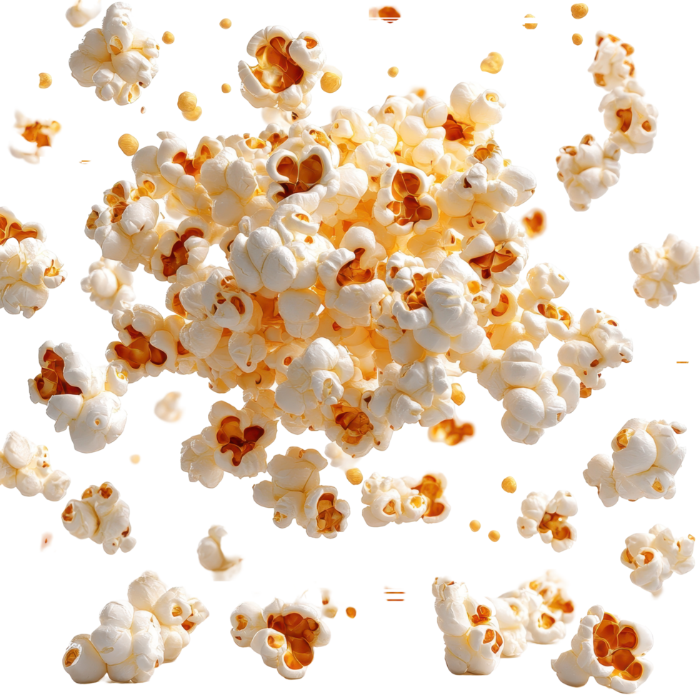 Flying popcorn creates a playful, exciting atmosphere during movie night at home isolated on transparent background. png