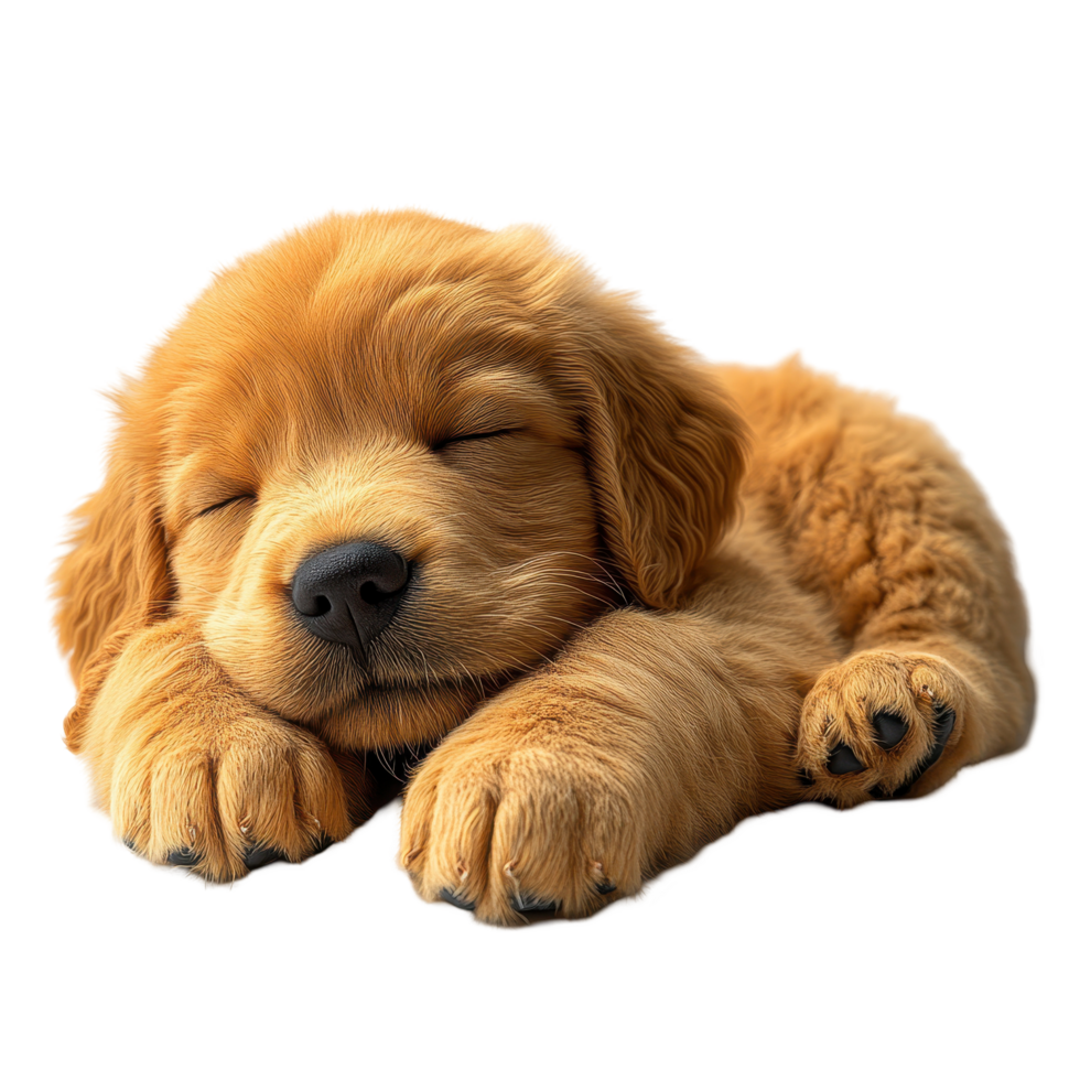 Golden retriever puppy sleeping peacefully on a soft surface in a cozy environment isolated on transparent background. png