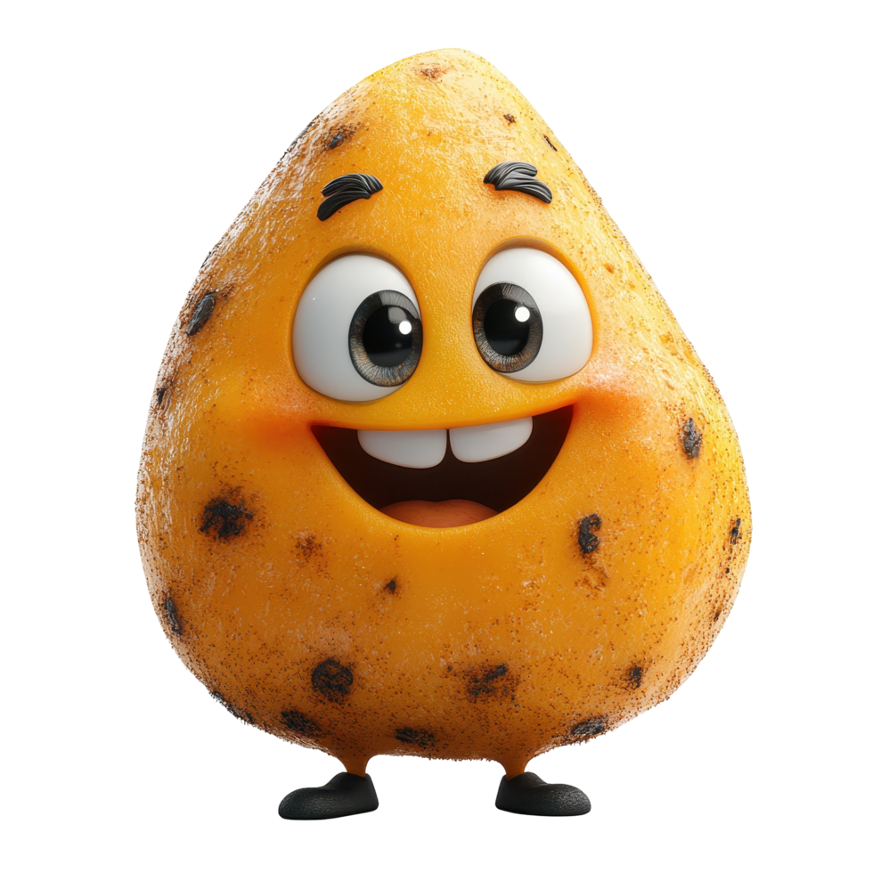 Animated character with a cheerful expression and a speckled yellow surface stands happily with hands at sides isolated on transparent background. png