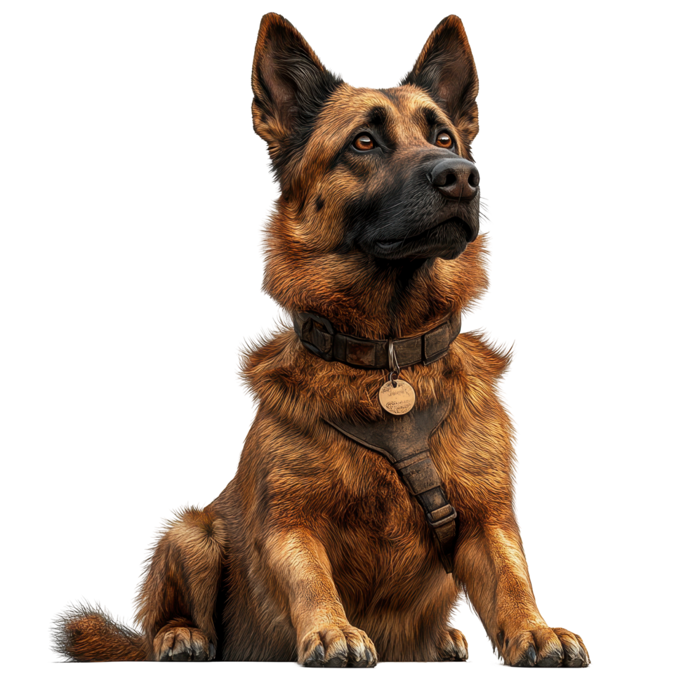 Smart and attentive dog sitting calmly in a relaxed posture with a shiny coat and harness isolated on transparent background. png