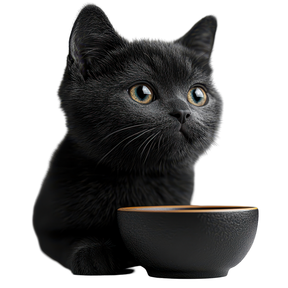 Cute black cat with striking green eyes sits beside a small bowl in a cozy home setting during the afternoon light isolated on transparent background. png