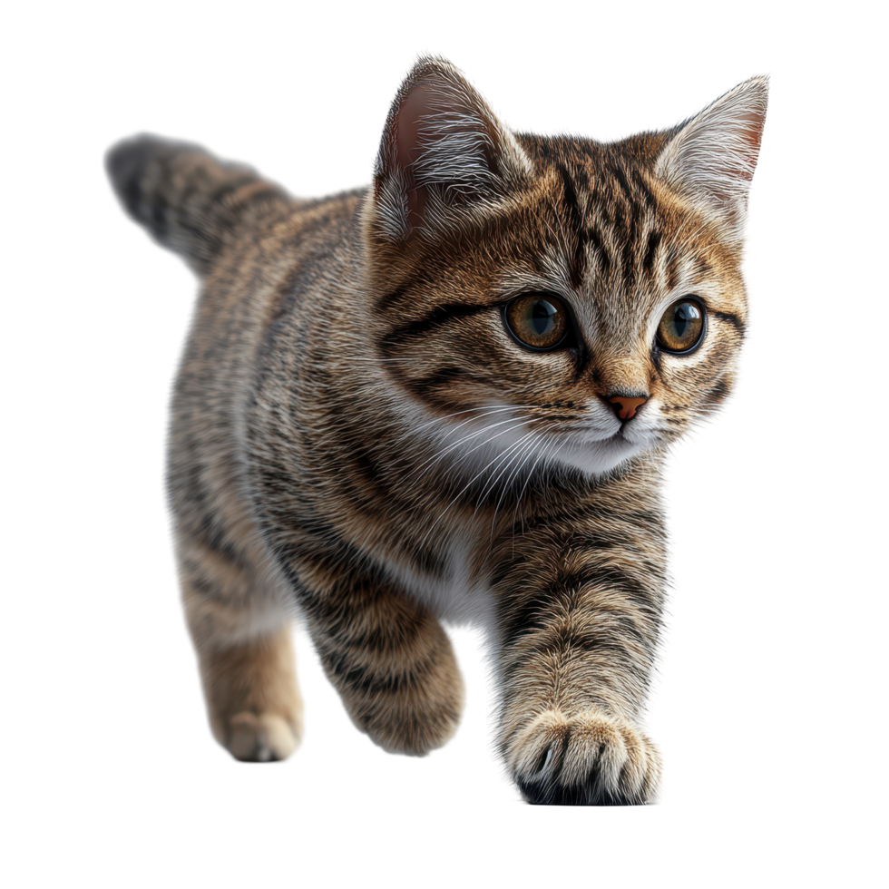 Cute brown tabby cat walking with curiosity in a bright indoor space during the day isolated on transparent background. png