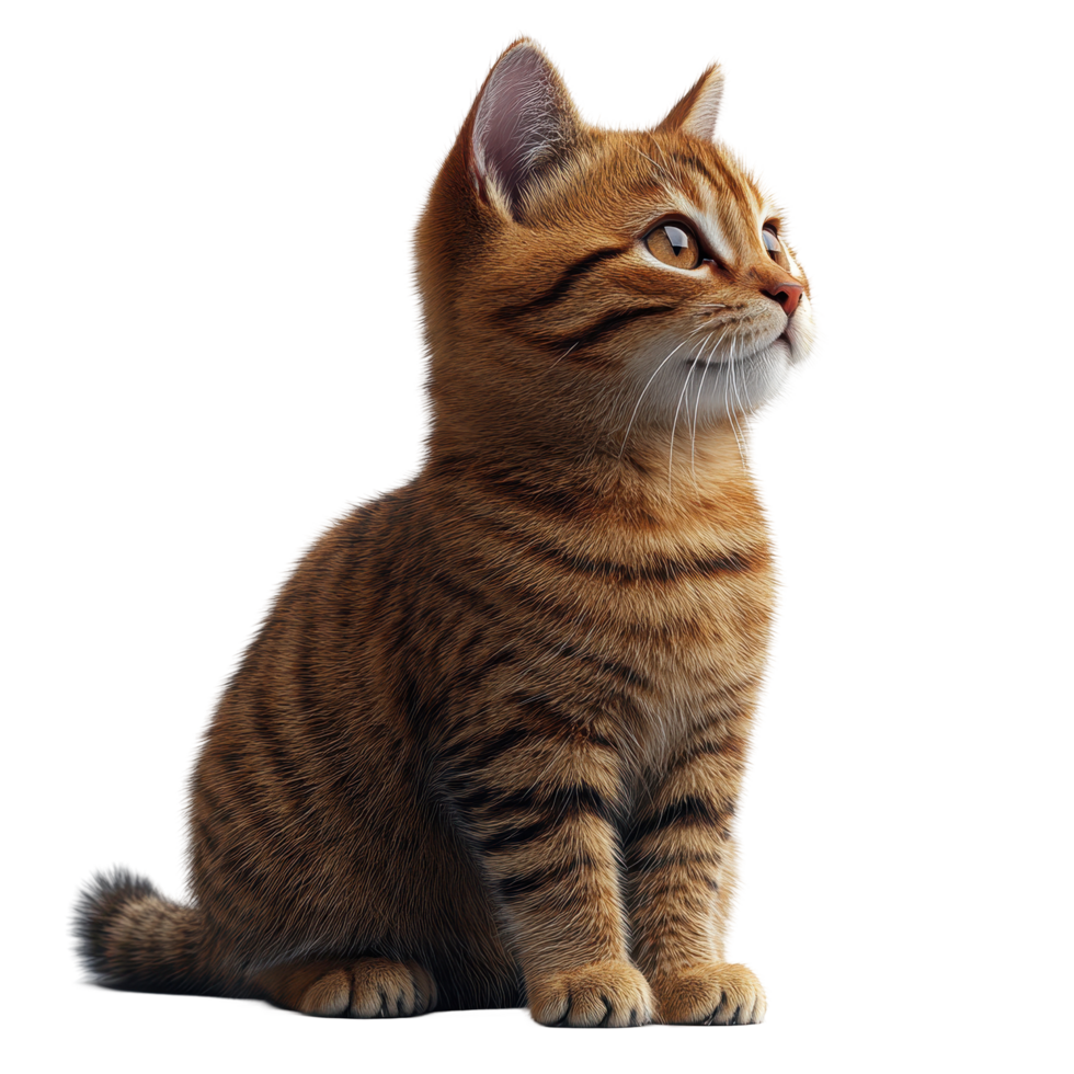 Striped tabby cat sitting gracefully with focused gaze during a sunny afternoon isolated on transparent background. png