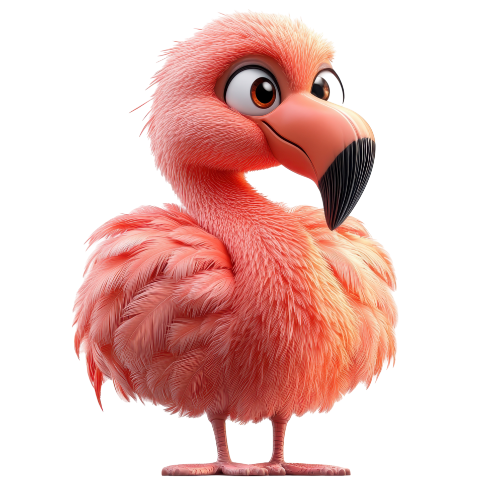 Cute animated flamingo character with fluffy feathers and expressive eyes standing in a playful pose isolated on transparent background. png