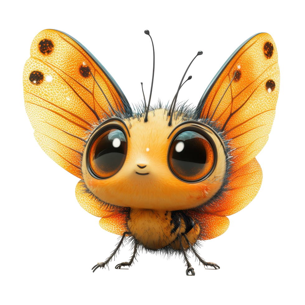 Cute cartoon butterfly with big eyes and vibrant wings in a whimsical design isolated on transparent background. png