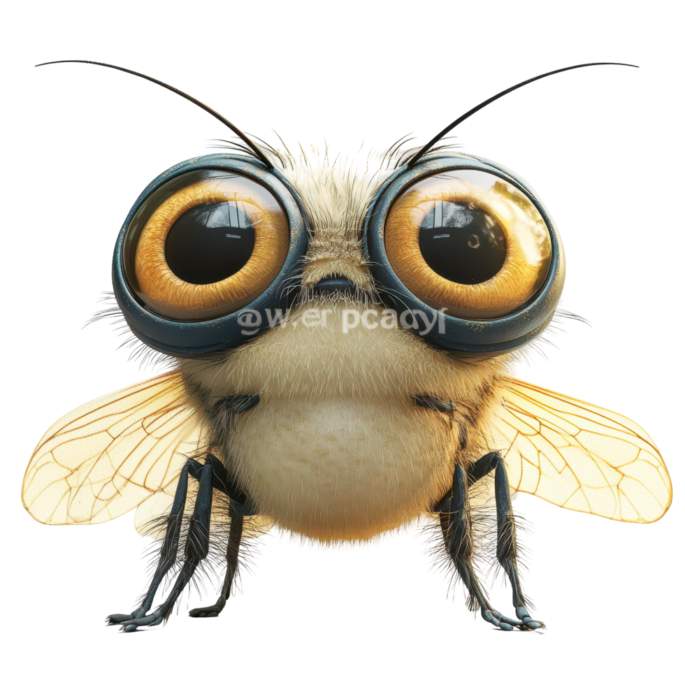 Cute cartoon bee with big eyes standing on a white background showcasing its fuzzy body and detailed wings isolated on transparent background. png