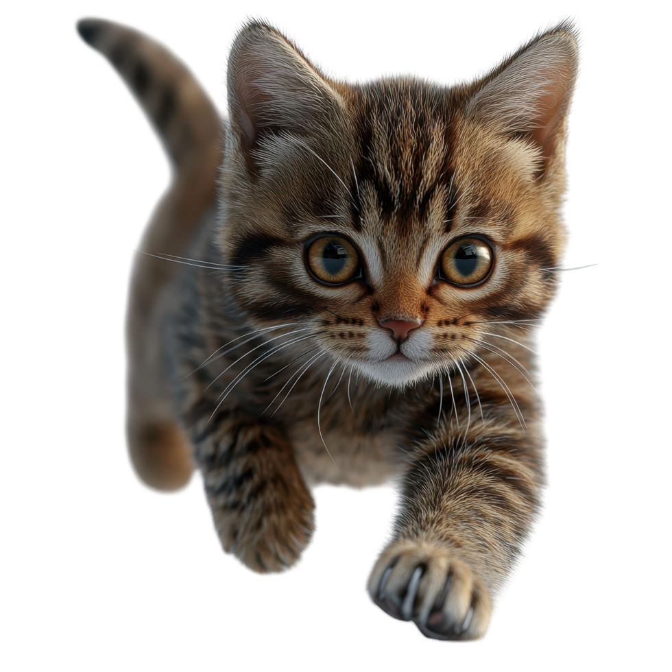 Playful tabby kitten running with excitement and curiosity across a bright background isolated on transparent background. png