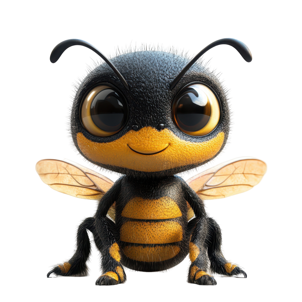 Cute cartoon bee character with big eyes and fuzzy body sitting on a white background during a sunny day isolated on transparent background. png